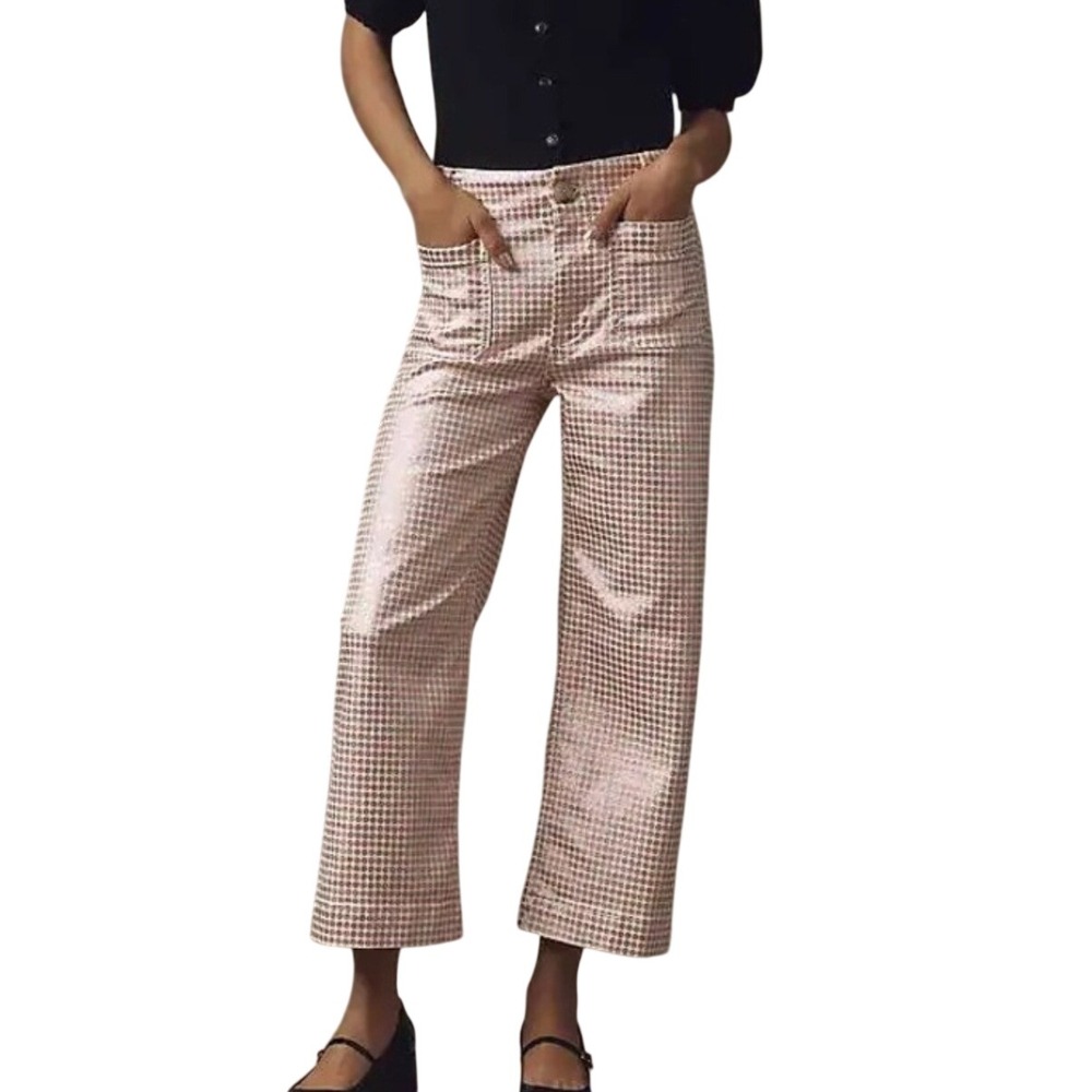 New Maeve Anthropologie Colette Wide Leg Pants 33T Rose Gold Metallic Polka Dot